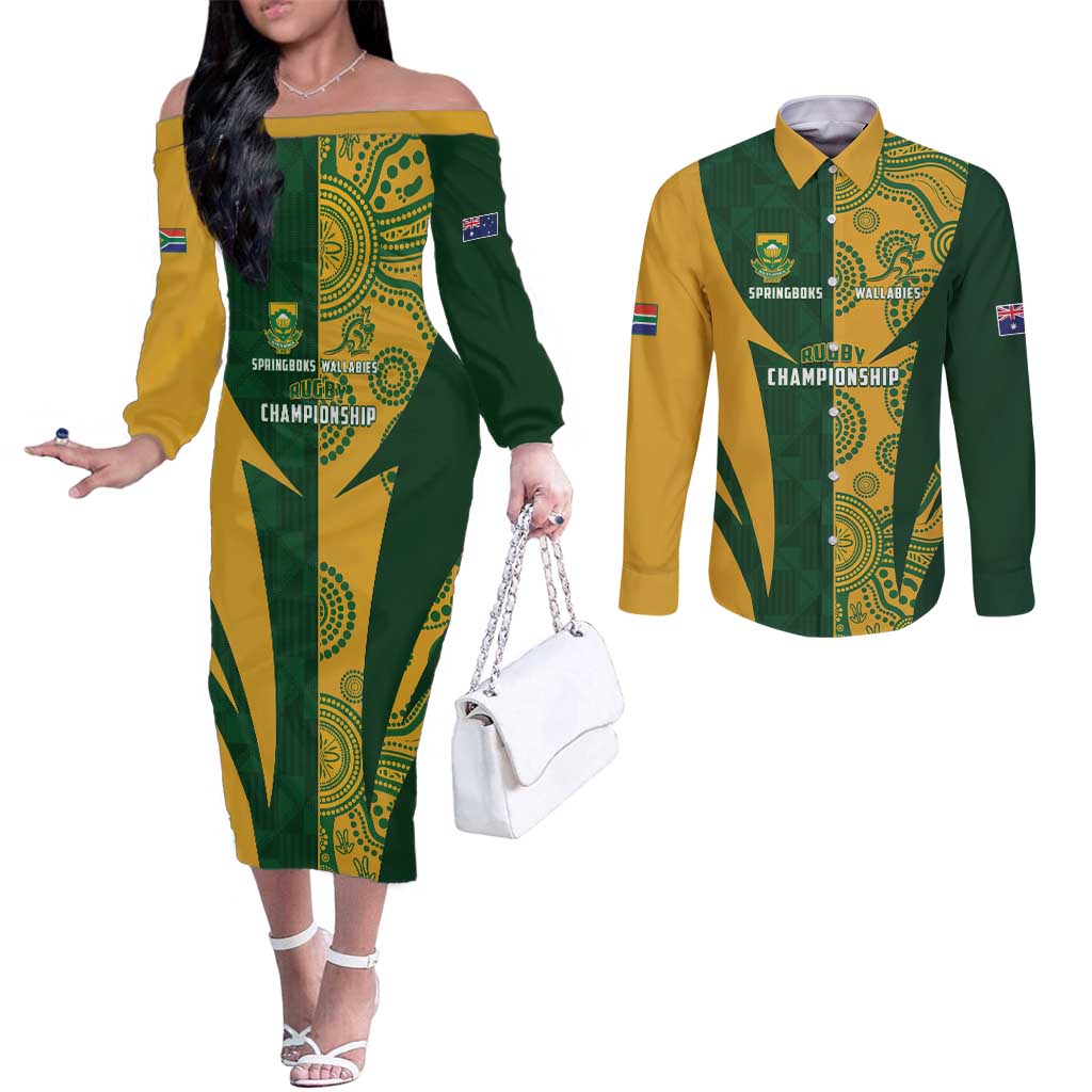 South Africa Australia Rugby Custom Couples Matching Off The Shoulder Long Sleeve Dress and Long Sleeve Button Shirt Springboks Wallabies Together - Wonder Print Shop