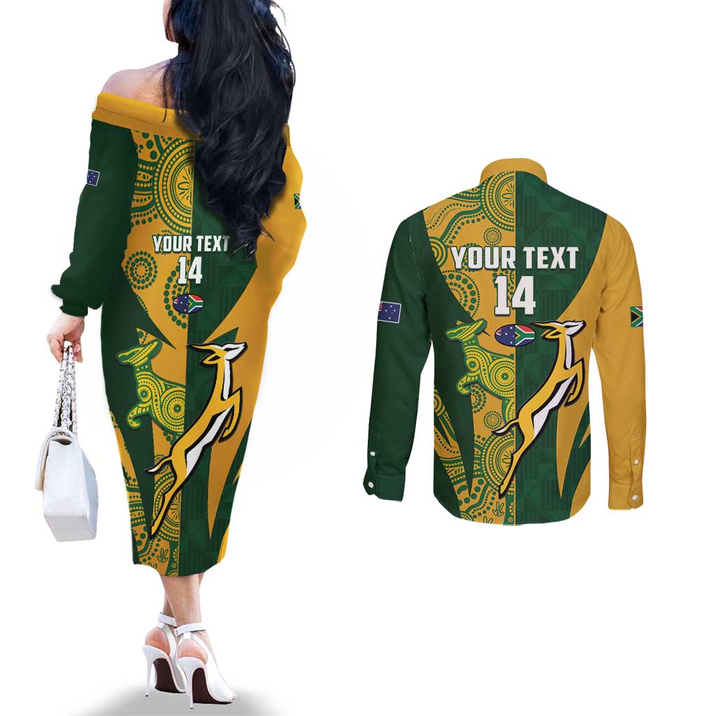 South Africa Australia Rugby Custom Couples Matching Off The Shoulder Long Sleeve Dress and Long Sleeve Button Shirt Springboks Wallabies Together - Wonder Print Shop