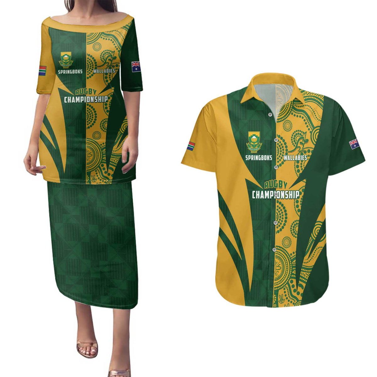South Africa Australia Rugby Custom Couples Matching Puletasi and Hawaiian Shirt Springboks Wallabies Together - Wonder Print Shop