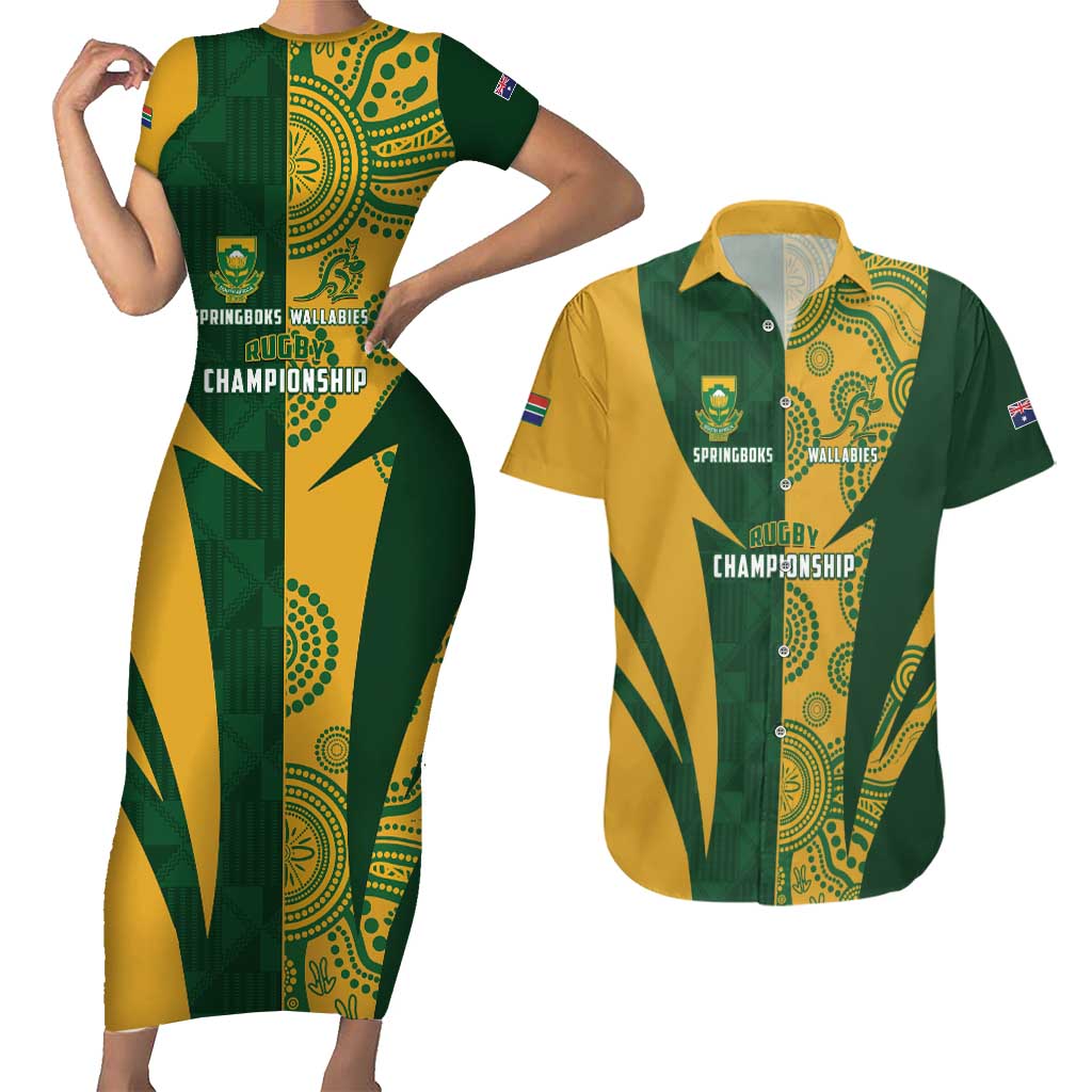 South Africa Australia Rugby Custom Couples Matching Short Sleeve Bodycon Dress and Hawaiian Shirt Springboks Wallabies Together - Wonder Print Shop