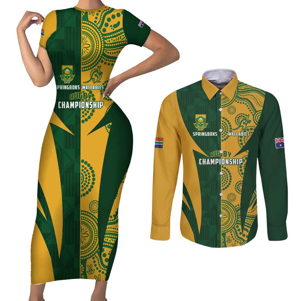 South Africa Australia Rugby Custom Couples Matching Short Sleeve Bodycon Dress and Long Sleeve Button Shirt Springboks Wallabies Together - Wonder Print Shop