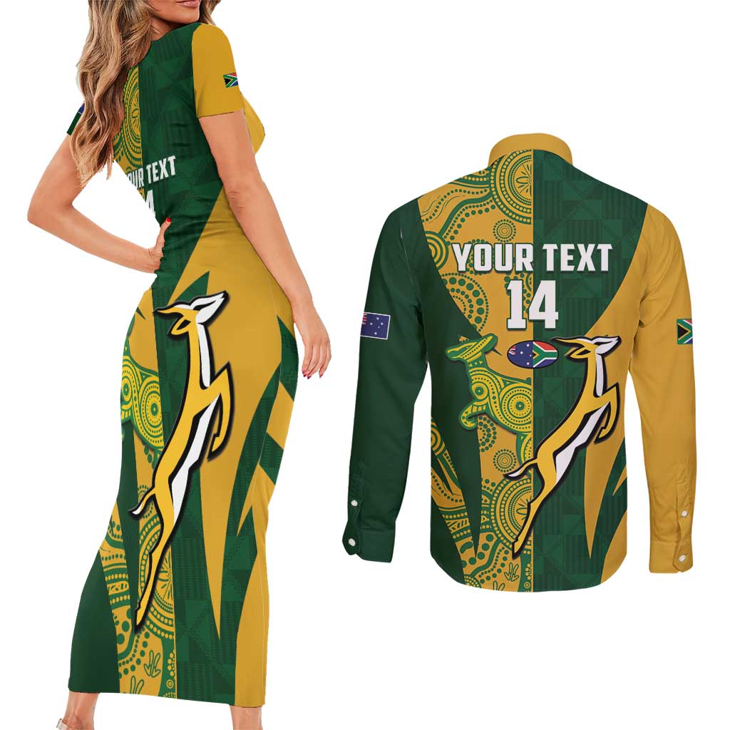 South Africa Australia Rugby Custom Couples Matching Short Sleeve Bodycon Dress and Long Sleeve Button Shirt Springboks Wallabies Together - Wonder Print Shop
