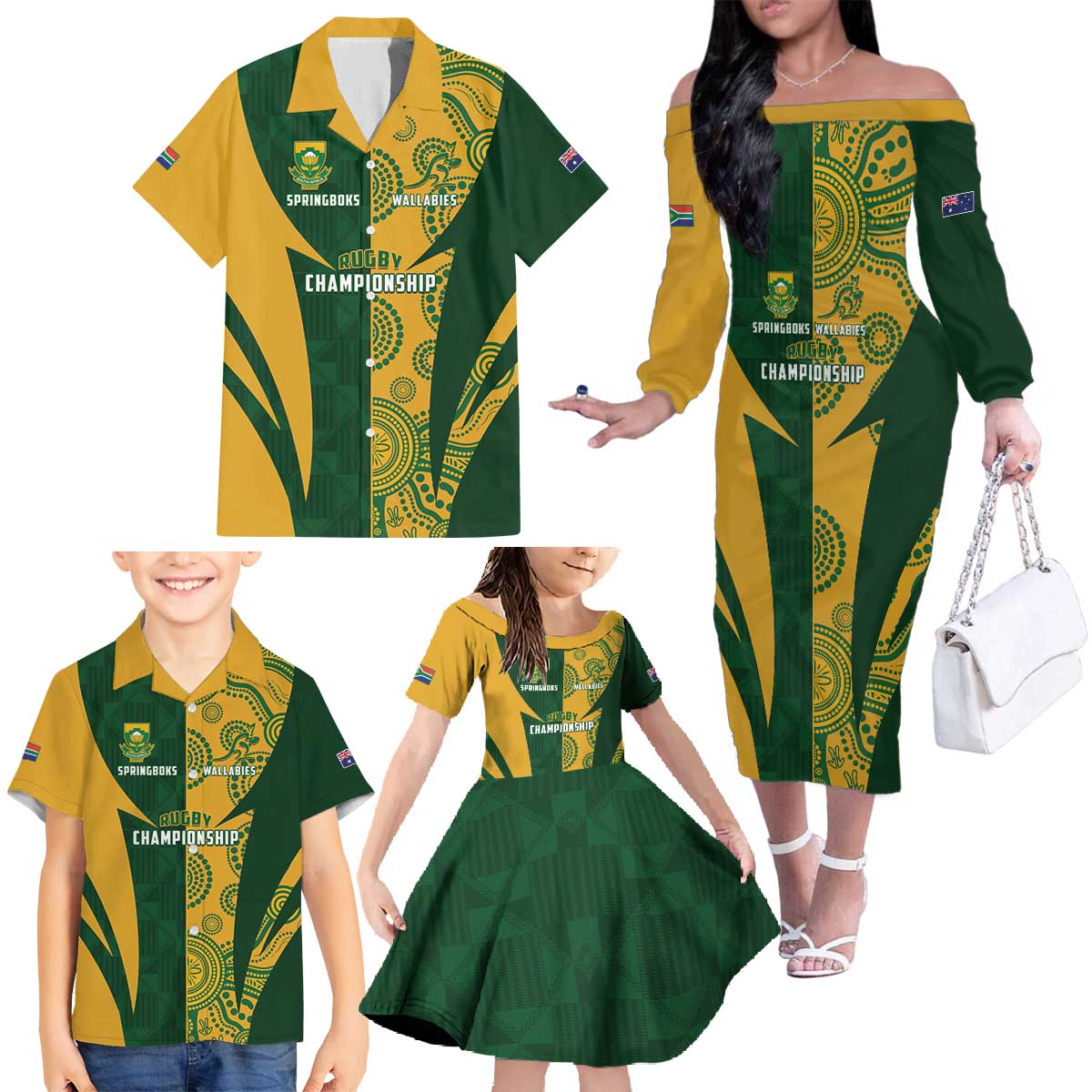 South Africa Australia Rugby Custom Family Matching Off The Shoulder Long Sleeve Dress and Hawaiian Shirt Springboks Wallabies Together - Wonder Print Shop