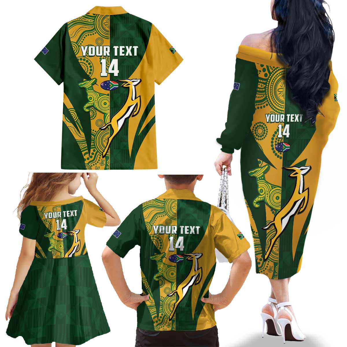 South Africa Australia Rugby Custom Family Matching Off The Shoulder Long Sleeve Dress and Hawaiian Shirt Springboks Wallabies Together - Wonder Print Shop