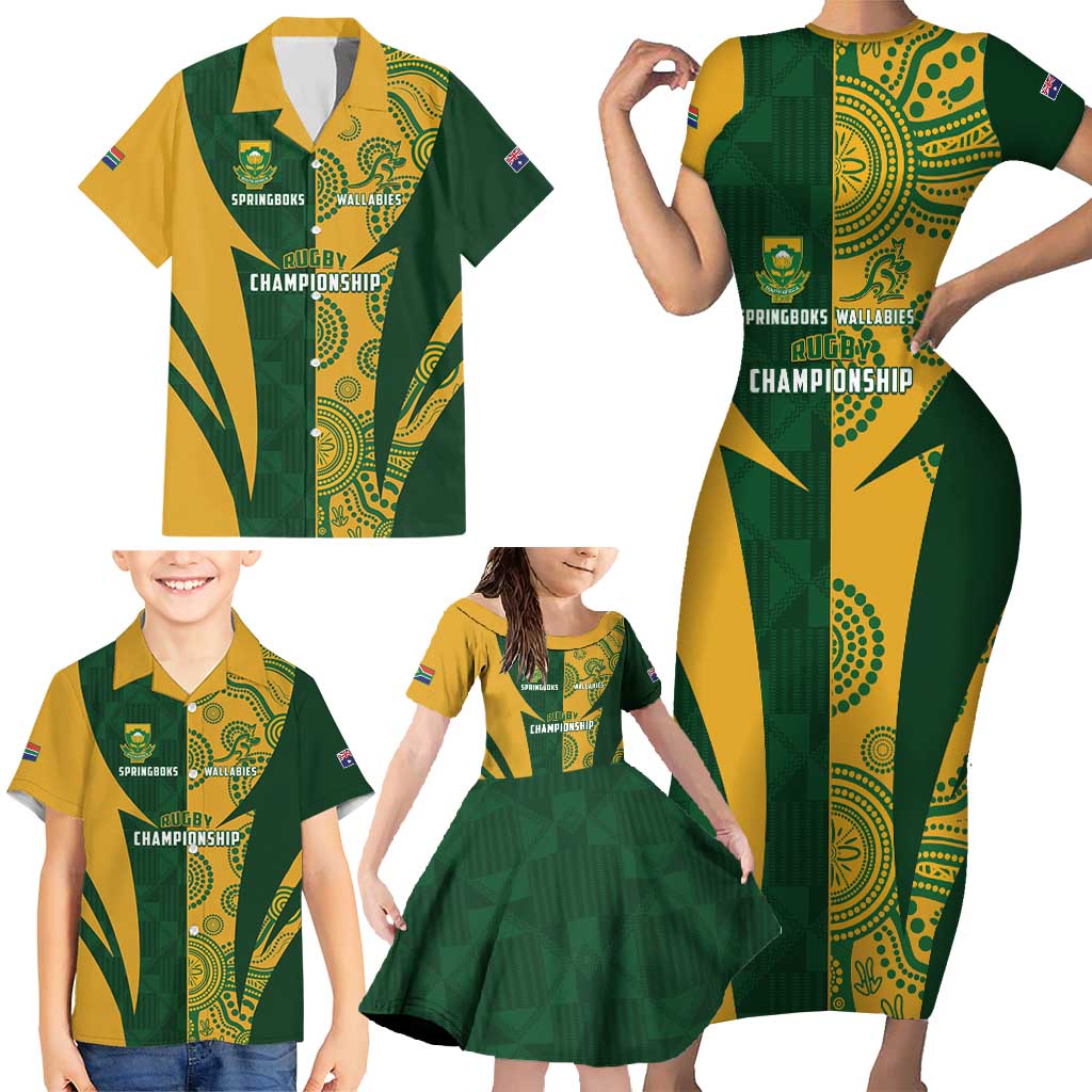 South Africa Australia Rugby Custom Family Matching Short Sleeve Bodycon Dress and Hawaiian Shirt Springboks Wallabies Together - Wonder Print Shop