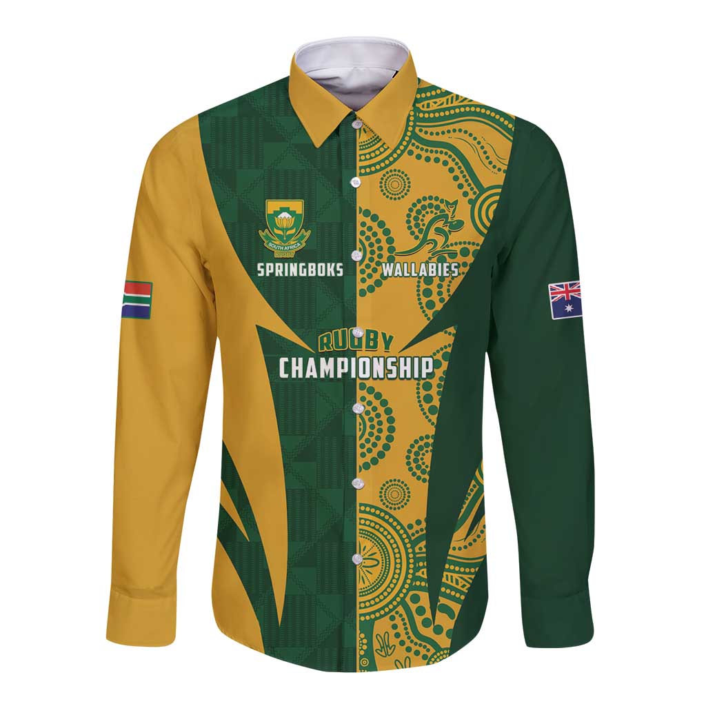 South Africa Australia Rugby Custom Long Sleeve Button Shirt Springboks Wallabies Together - Wonder Print Shop
