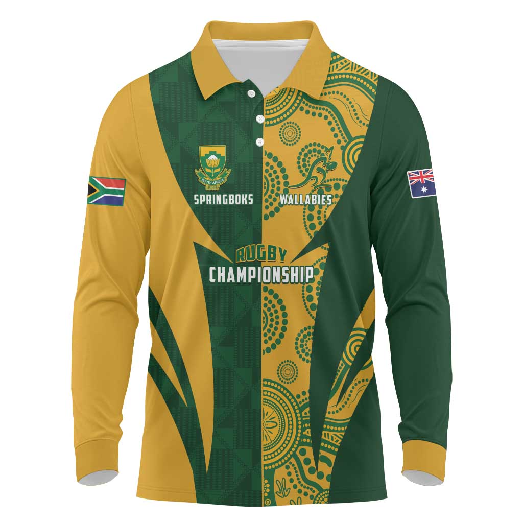 South Africa Australia Rugby Custom Long Sleeve Polo Shirt Springboks Wallabies Together - Wonder Print Shop