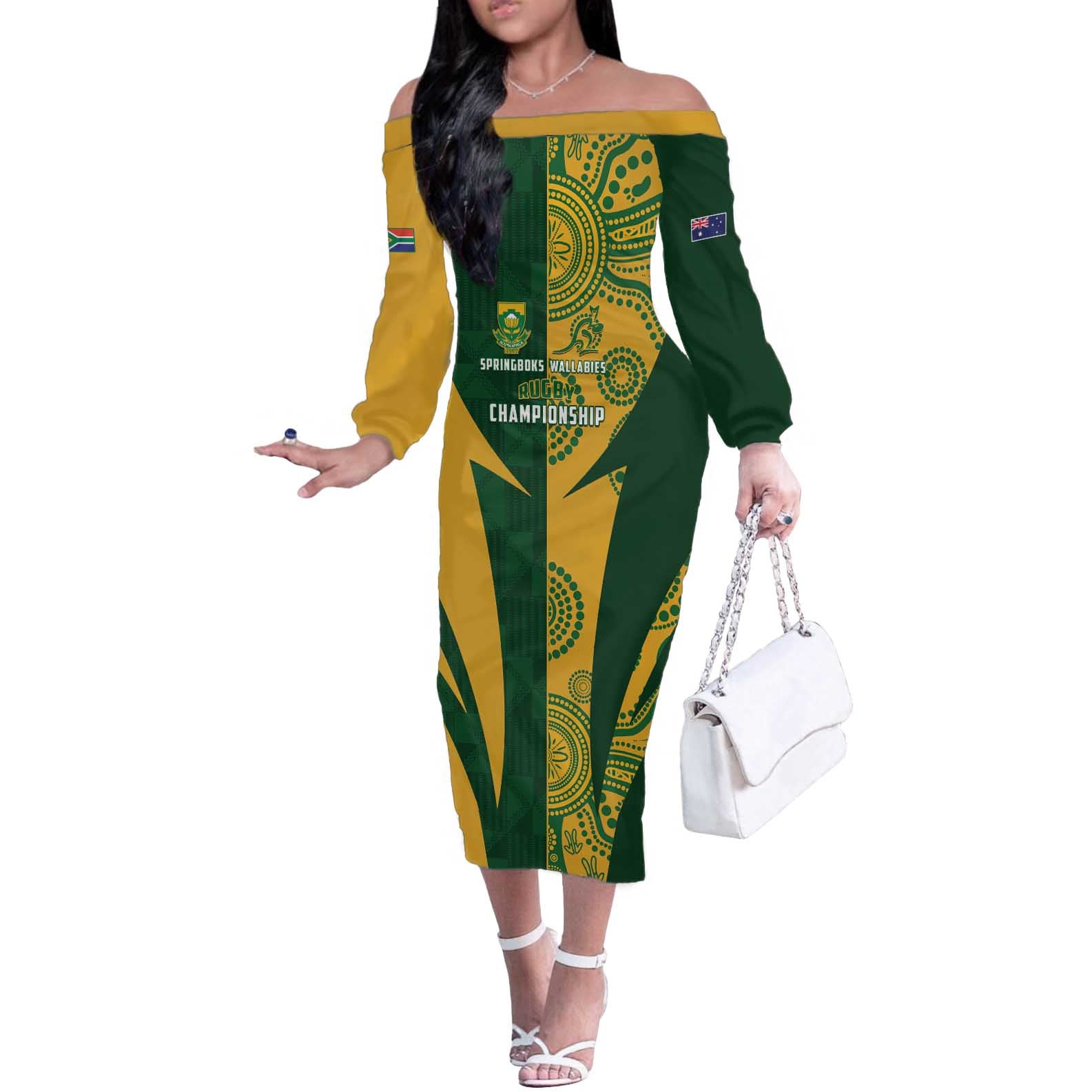South Africa Australia Rugby Custom Off The Shoulder Long Sleeve Dress Springboks Wallabies Together - Wonder Print Shop