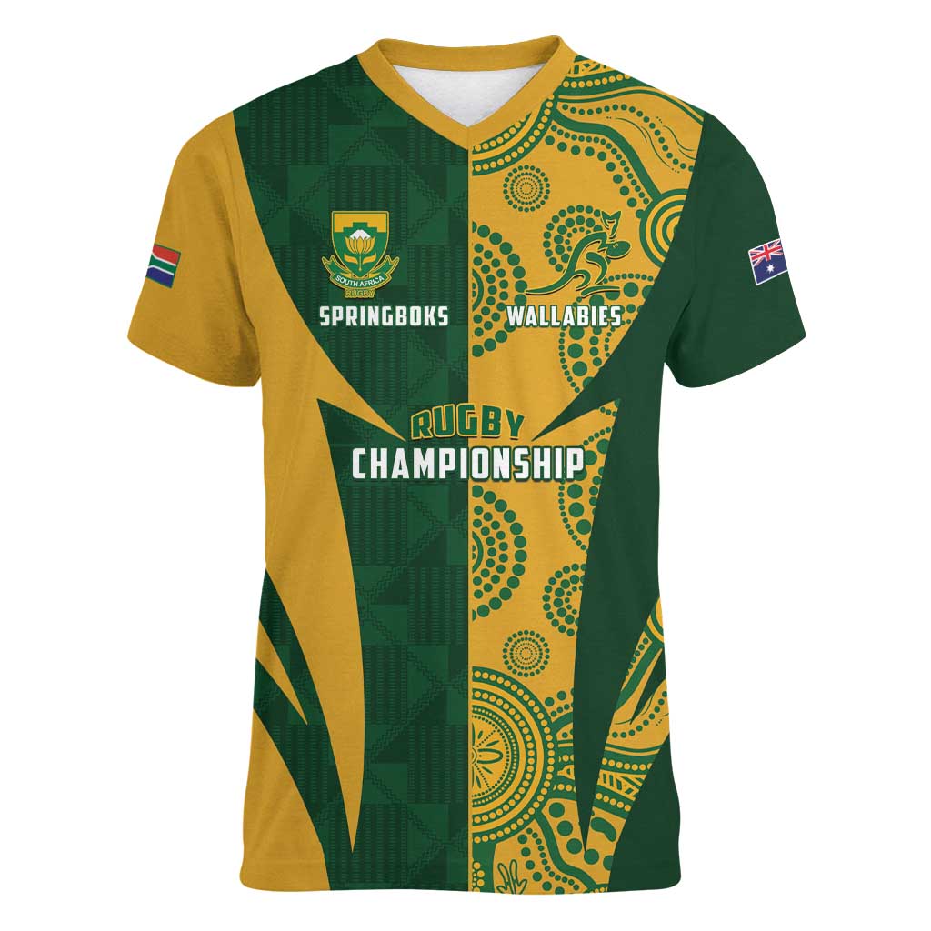 South Africa Australia Rugby Custom Women V-Neck T-Shirt Springboks Wallabies Together - Wonder Print Shop