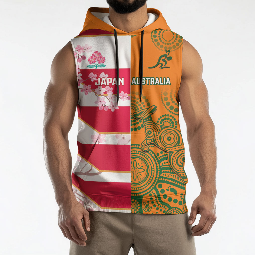 Australia and Japan Rugby Custom Sleeveless Hoodie Wallabies Brave Blossoms Together