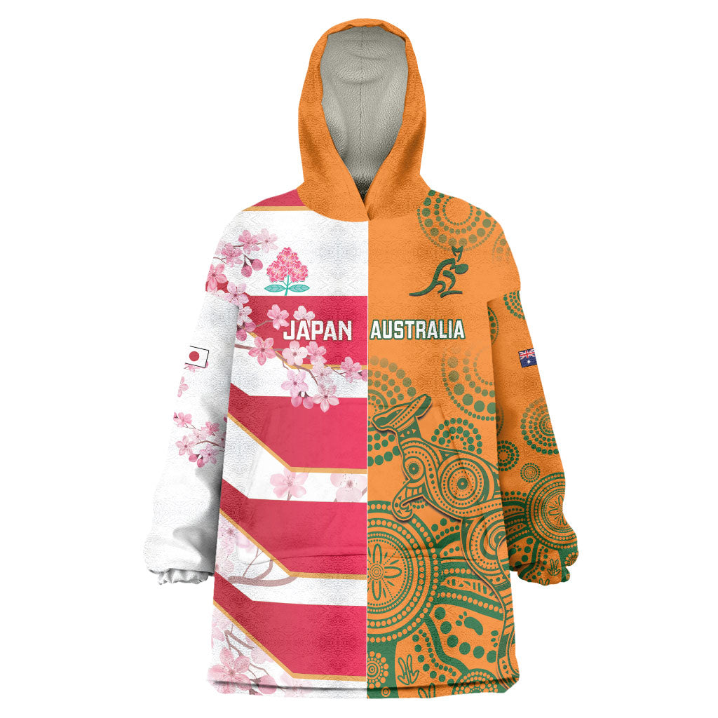 Australia and Japan Rugby Custom Wearable Blanket Hoodie Wallabies Brave Blossoms Together