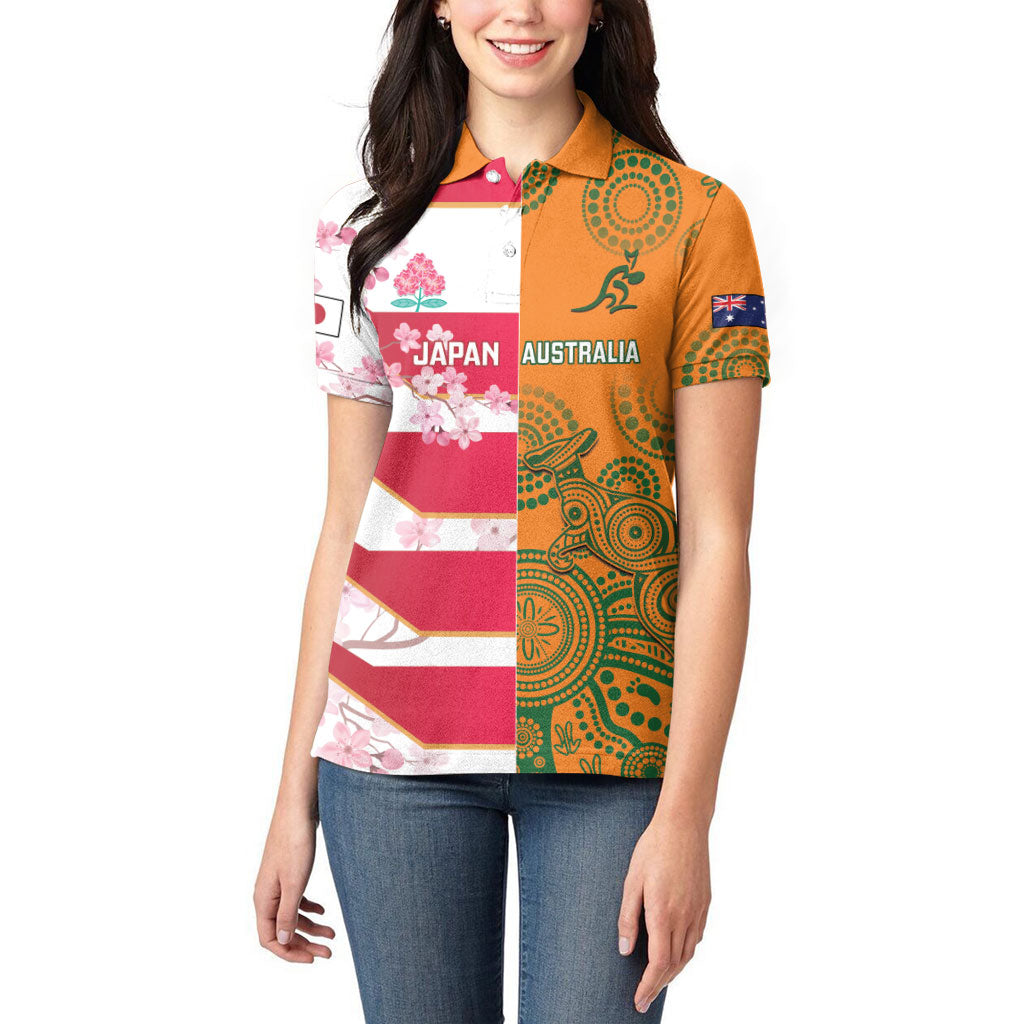 Australia and Japan Rugby Custom Women Polo Shirt Wallabies Brave Blossoms Together