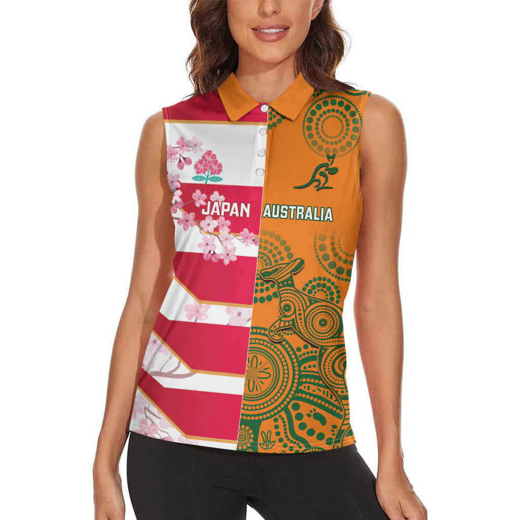 Australia and Japan Rugby Custom Women Sleeveless Polo Shirt Wallabies Brave Blossoms Together