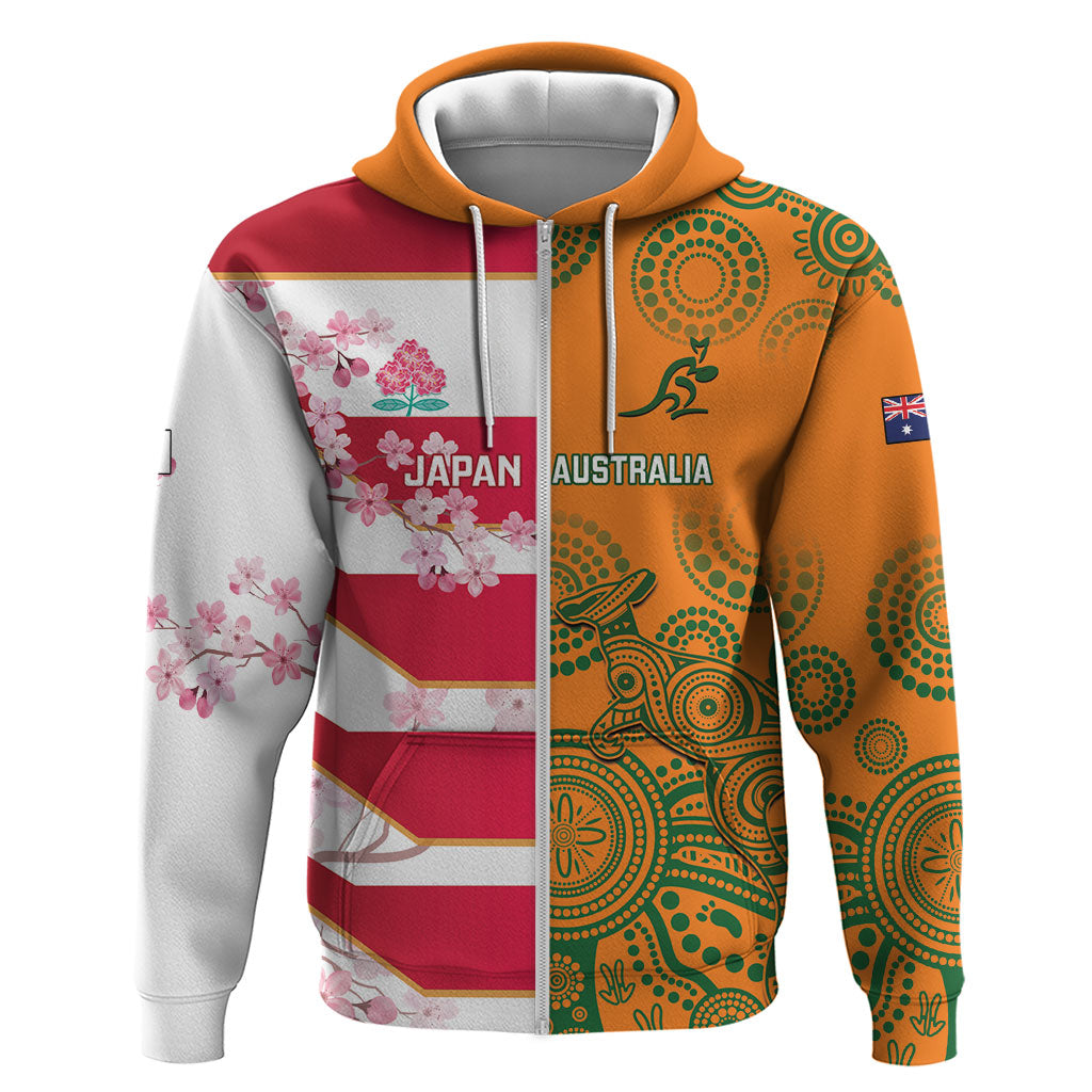 Australia and Japan Rugby Custom Zip Hoodie Wallabies Brave Blossoms Together