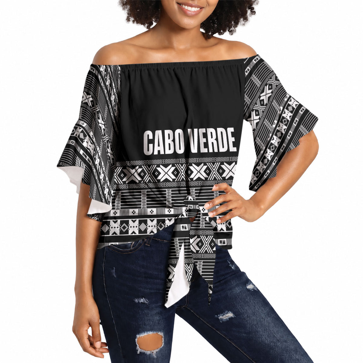 Pano De Terra Motifs Cabo Verde Off Shoulder Wrap Waist Top Black Color