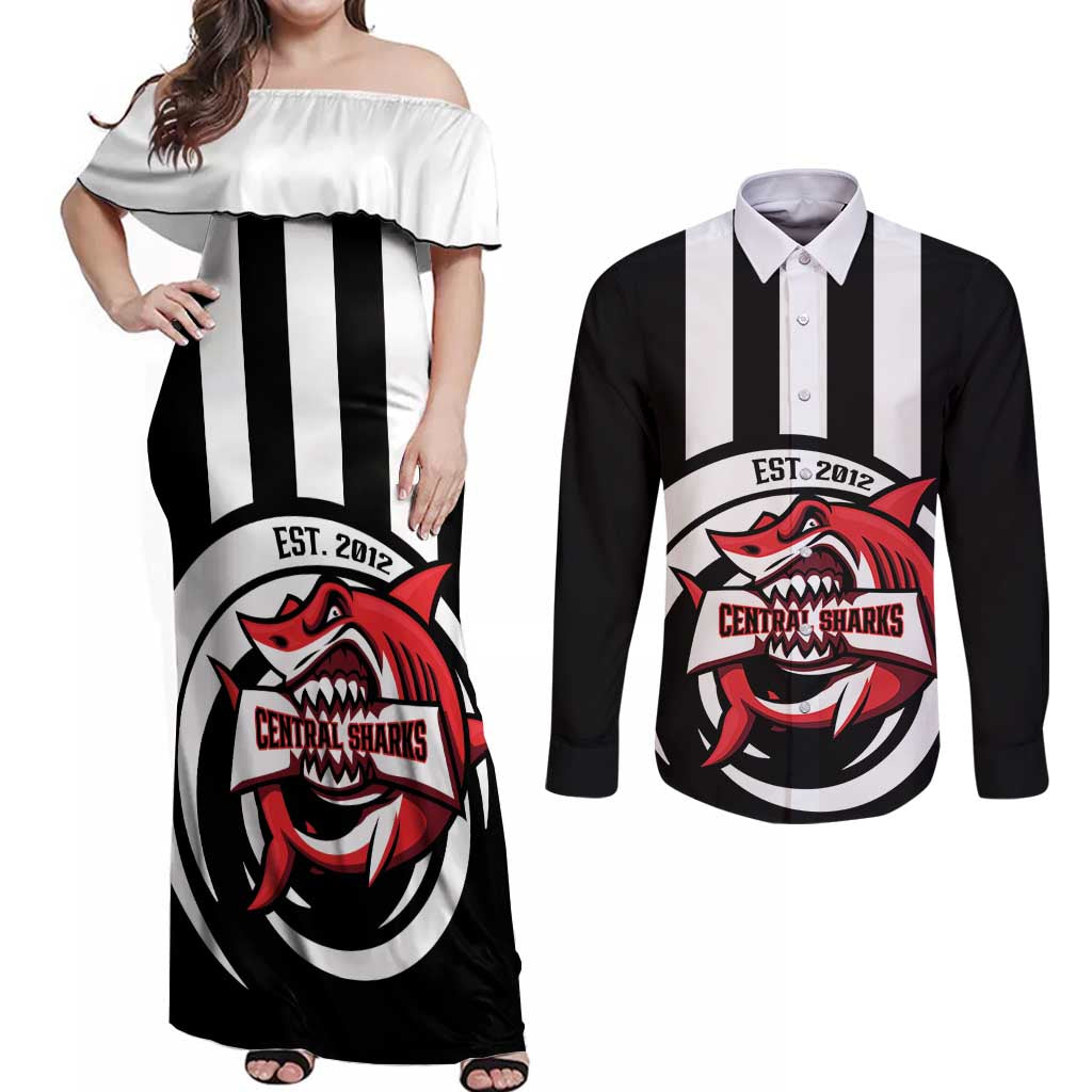 Central Trinidad and Tobago Football Custom Couples Matching Off Shoulder Maxi Dress and Long Sleeve Button Shirt Come On Sharks Est 2012 - Wonder Print Shop