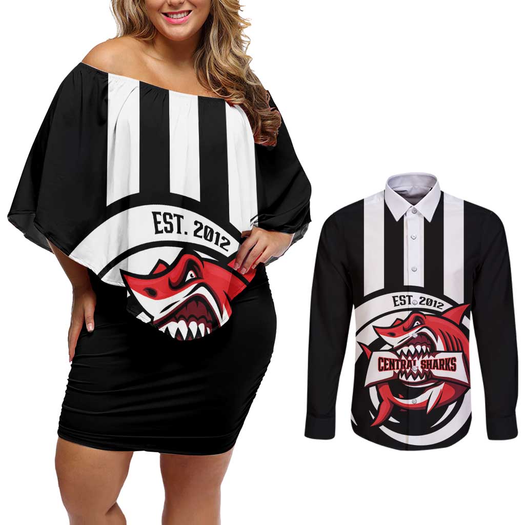 Central Trinidad and Tobago Football Custom Couples Matching Off Shoulder Short Dress and Long Sleeve Button Shirt Come On Sharks Est 2012 - Wonder Print Shop