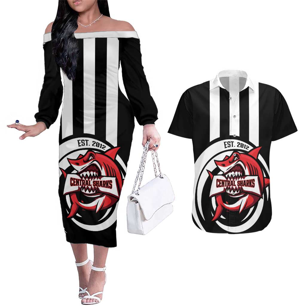 Central Trinidad and Tobago Football Custom Couples Matching Off The Shoulder Long Sleeve Dress and Hawaiian Shirt Come On Sharks Est 2012 - Wonder Print Shop