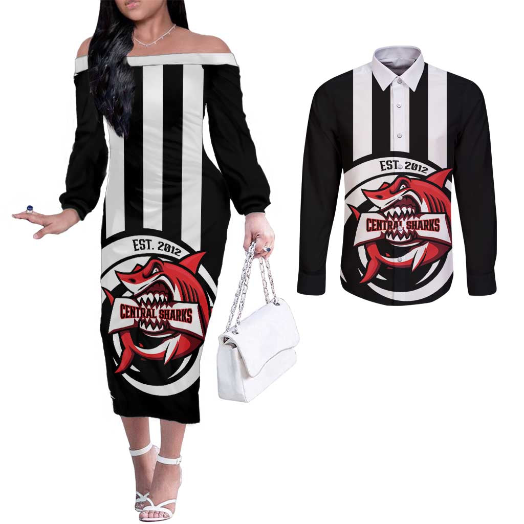 Central Trinidad and Tobago Football Custom Couples Matching Off The Shoulder Long Sleeve Dress and Long Sleeve Button Shirt Come On Sharks Est 2012 - Wonder Print Shop