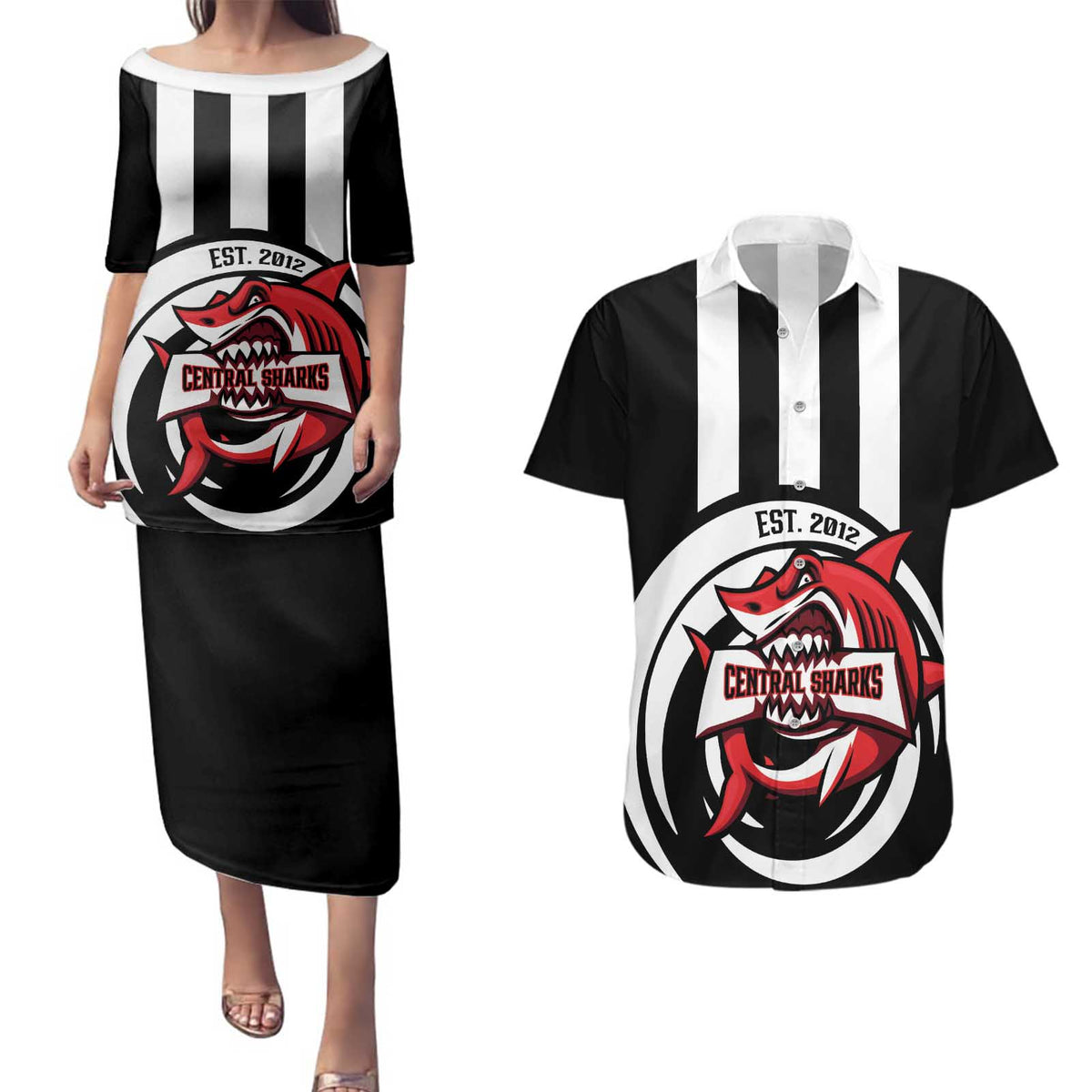 Central Trinidad and Tobago Football Custom Couples Matching Puletasi and Hawaiian Shirt Come On Sharks Est 2012 - Wonder Print Shop
