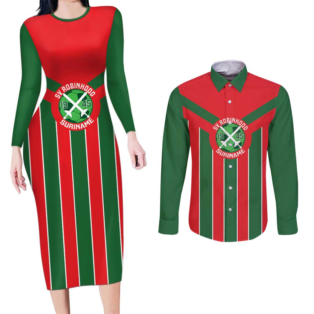 Robinhood Suriname Football Custom Couples Matching Long Sleeve Bodycon Dress and Long Sleeve Button Shirt Go Geen Strijd - Wonder Print Shop