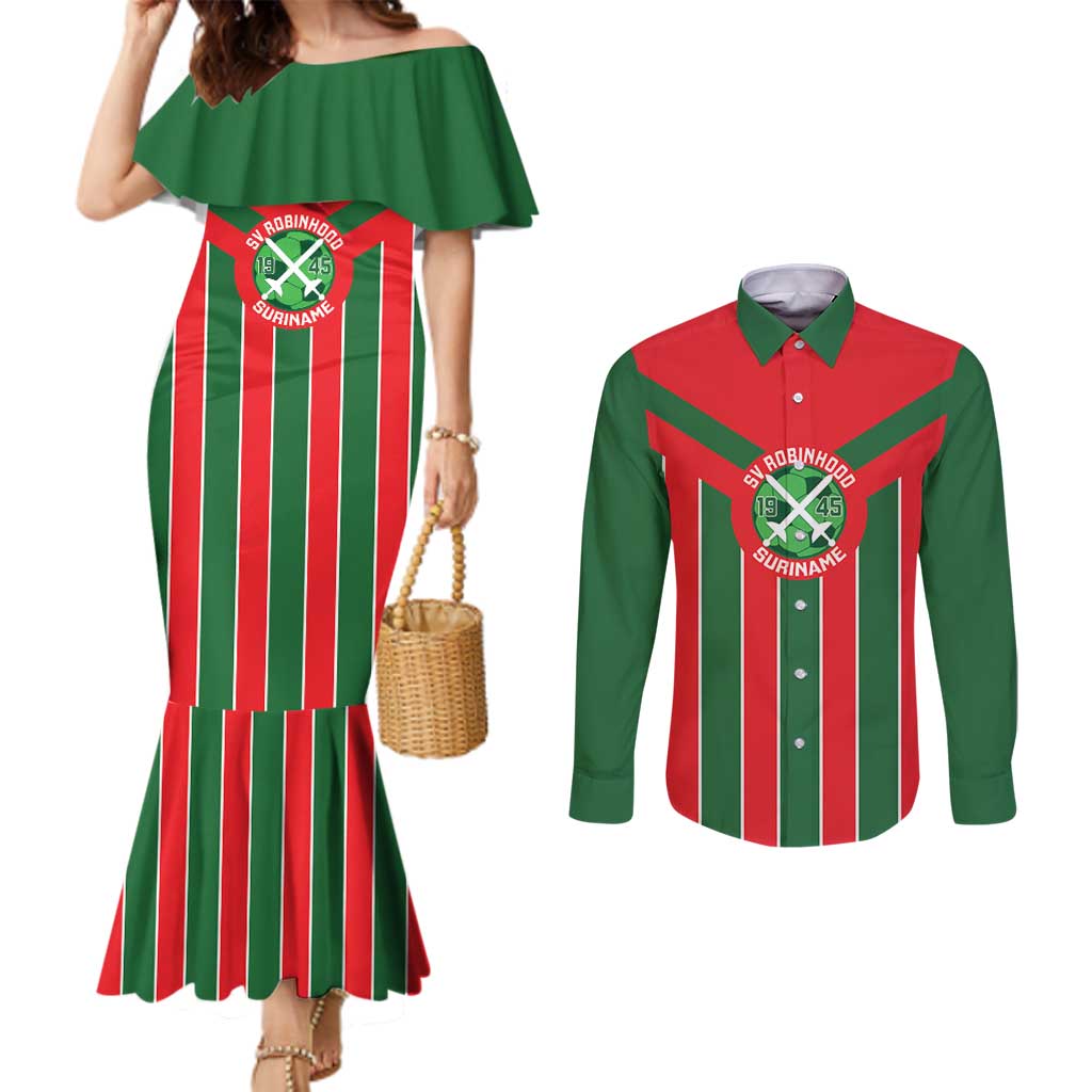 Robinhood Suriname Football Custom Couples Matching Mermaid Dress and Long Sleeve Button Shirt Go Geen Strijd - Wonder Print Shop