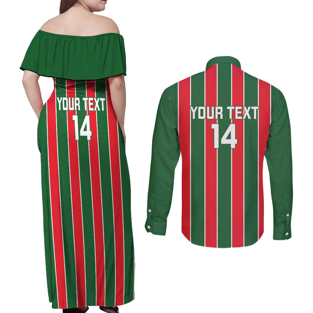 Robinhood Suriname Football Custom Couples Matching Off Shoulder Maxi Dress and Long Sleeve Button Shirt Go Geen Strijd - Wonder Print Shop