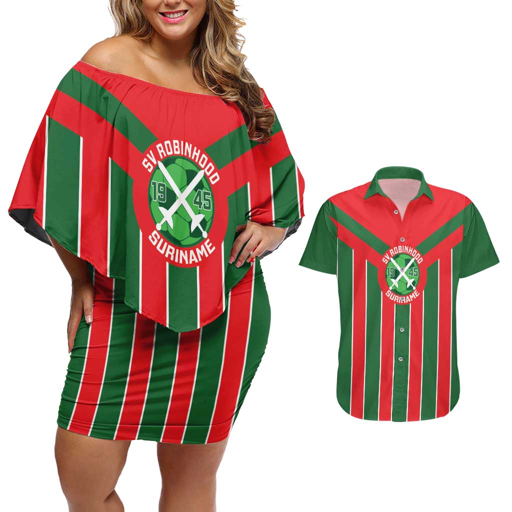 Robinhood Suriname Football Custom Couples Matching Off Shoulder Short Dress and Hawaiian Shirt Go Geen Strijd - Wonder Print Shop