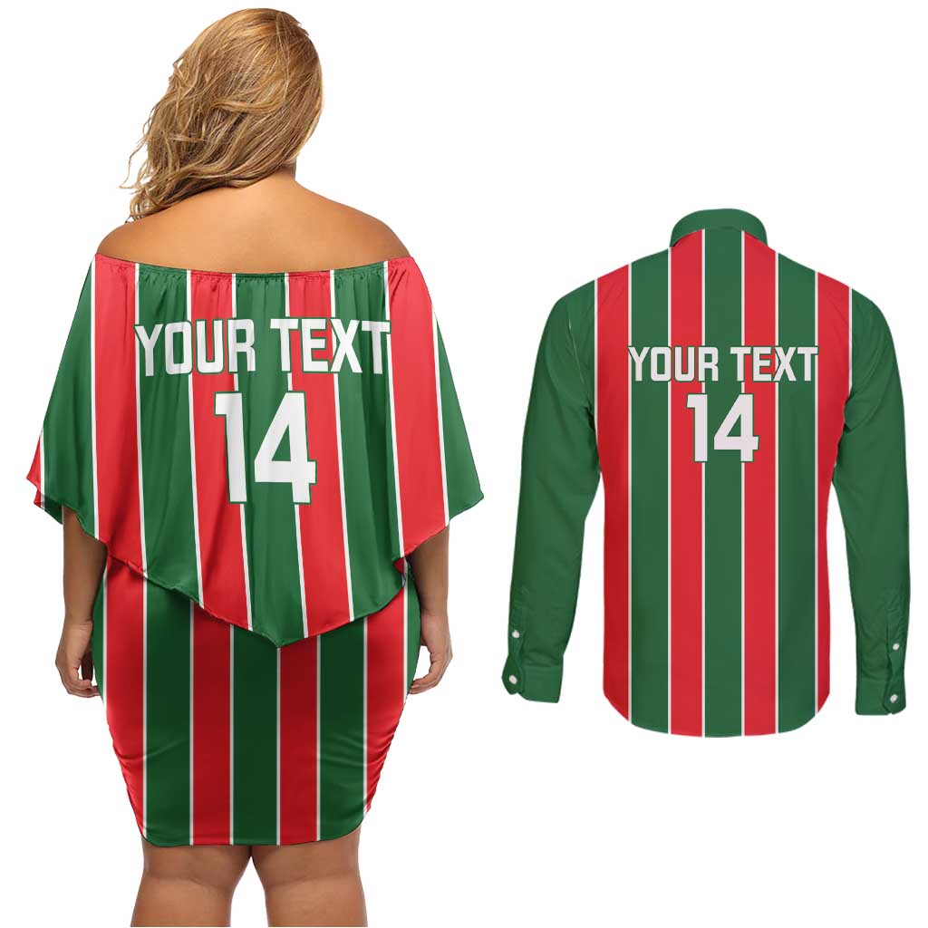 Robinhood Suriname Football Custom Couples Matching Off Shoulder Short Dress and Long Sleeve Button Shirt Go Geen Strijd - Wonder Print Shop