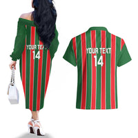 Robinhood Suriname Football Custom Couples Matching Off The Shoulder Long Sleeve Dress and Hawaiian Shirt Go Geen Strijd - Wonder Print Shop