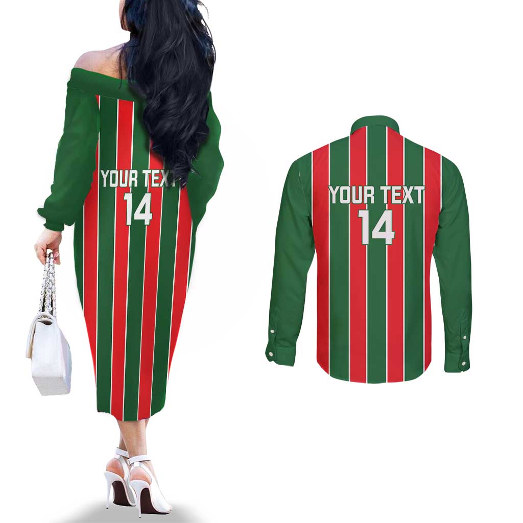 Robinhood Suriname Football Custom Couples Matching Off The Shoulder Long Sleeve Dress and Long Sleeve Button Shirt Go Geen Strijd - Wonder Print Shop