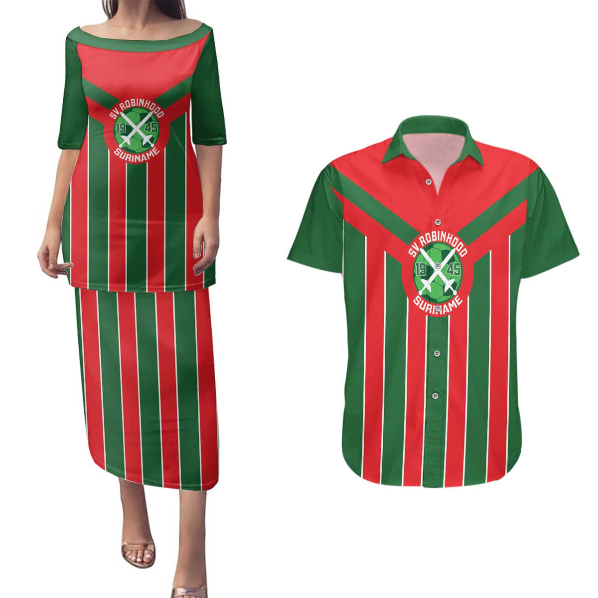 Robinhood Suriname Football Custom Couples Matching Puletasi and Hawaiian Shirt Go Geen Strijd - Wonder Print Shop