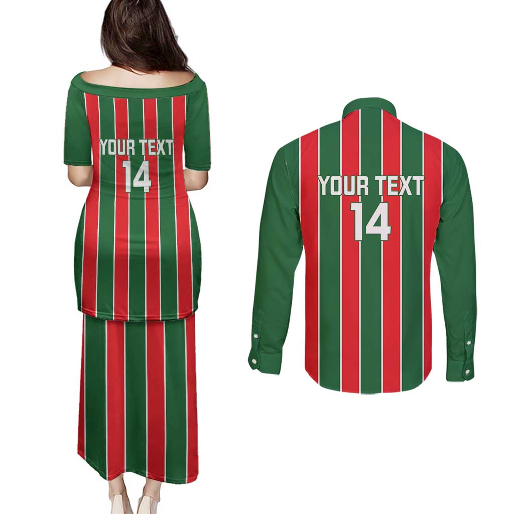 Robinhood Suriname Football Custom Couples Matching Puletasi and Long Sleeve Button Shirt Go Geen Strijd - Wonder Print Shop