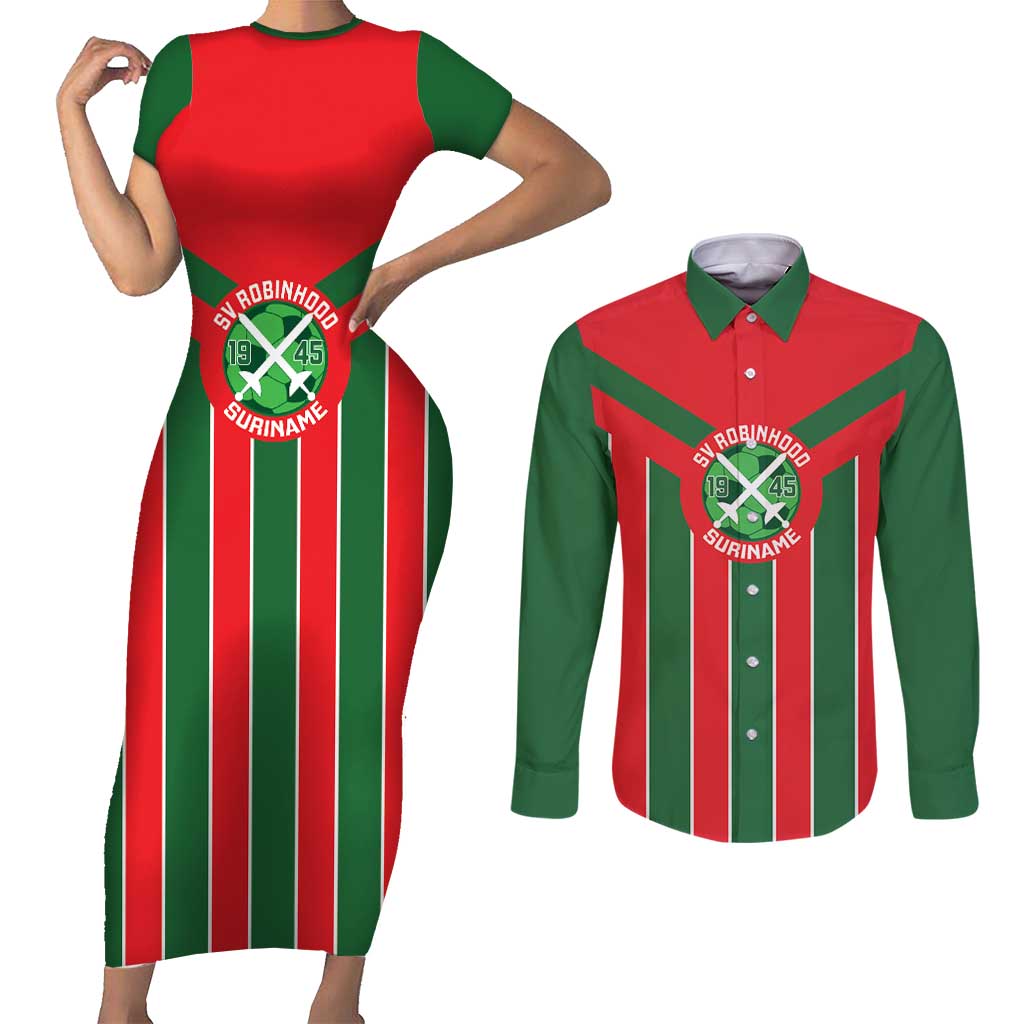 Robinhood Suriname Football Custom Couples Matching Short Sleeve Bodycon Dress and Long Sleeve Button Shirt Go Geen Strijd - Wonder Print Shop