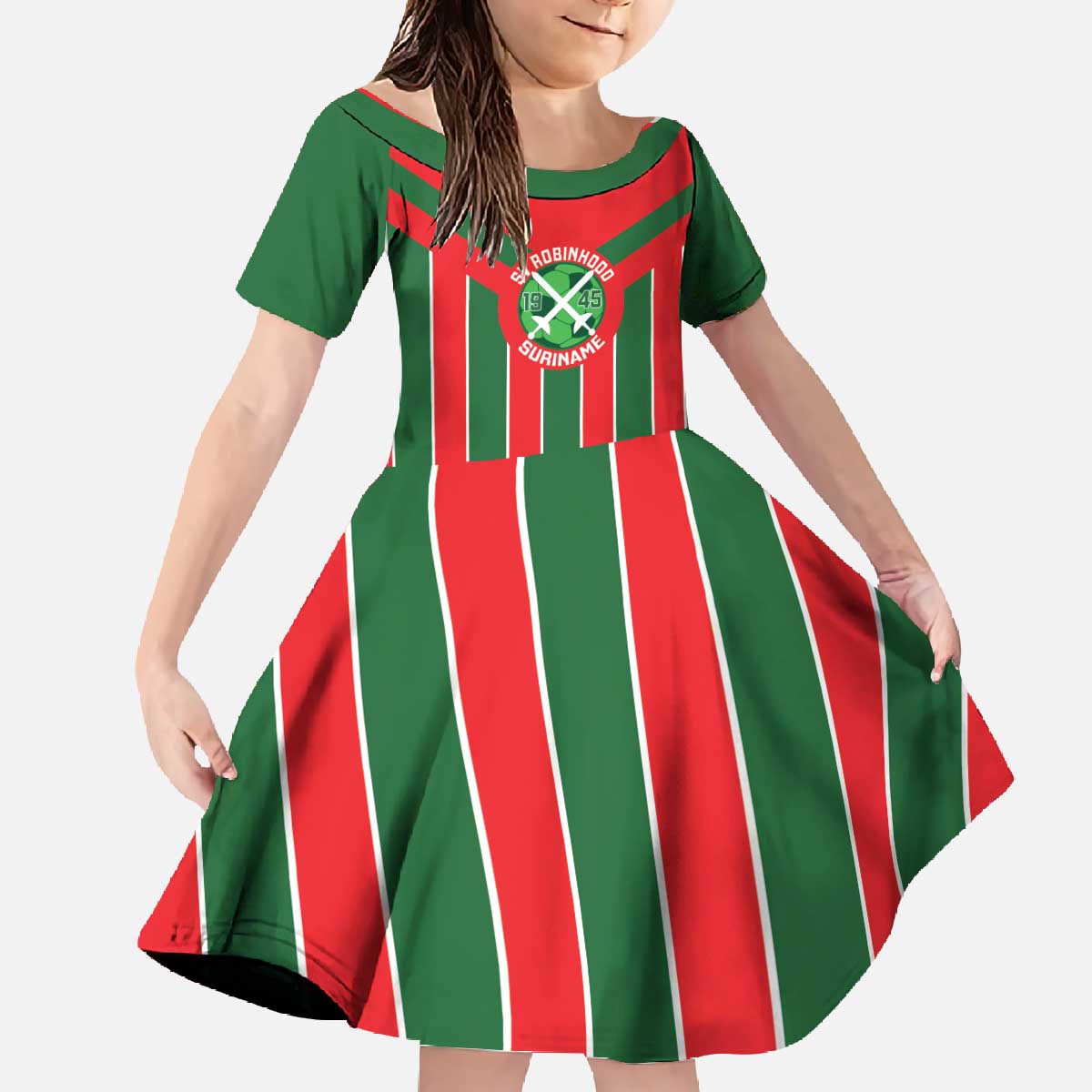Robinhood Suriname Football Custom Family Matching Off The Shoulder Long Sleeve Dress and Hawaiian Shirt Go Geen Strijd - Wonder Print Shop