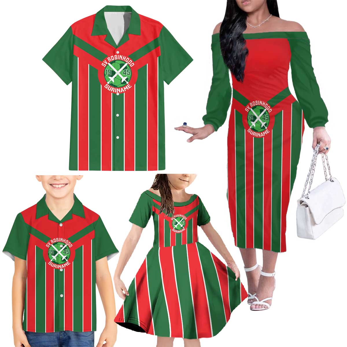 Robinhood Suriname Football Custom Family Matching Off The Shoulder Long Sleeve Dress and Hawaiian Shirt Go Geen Strijd - Wonder Print Shop