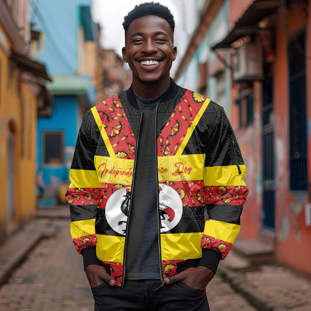 Personalized Uganda Independence Day Sleeve Zip Bomber Jacket Ugandan Kitenge African Pattern