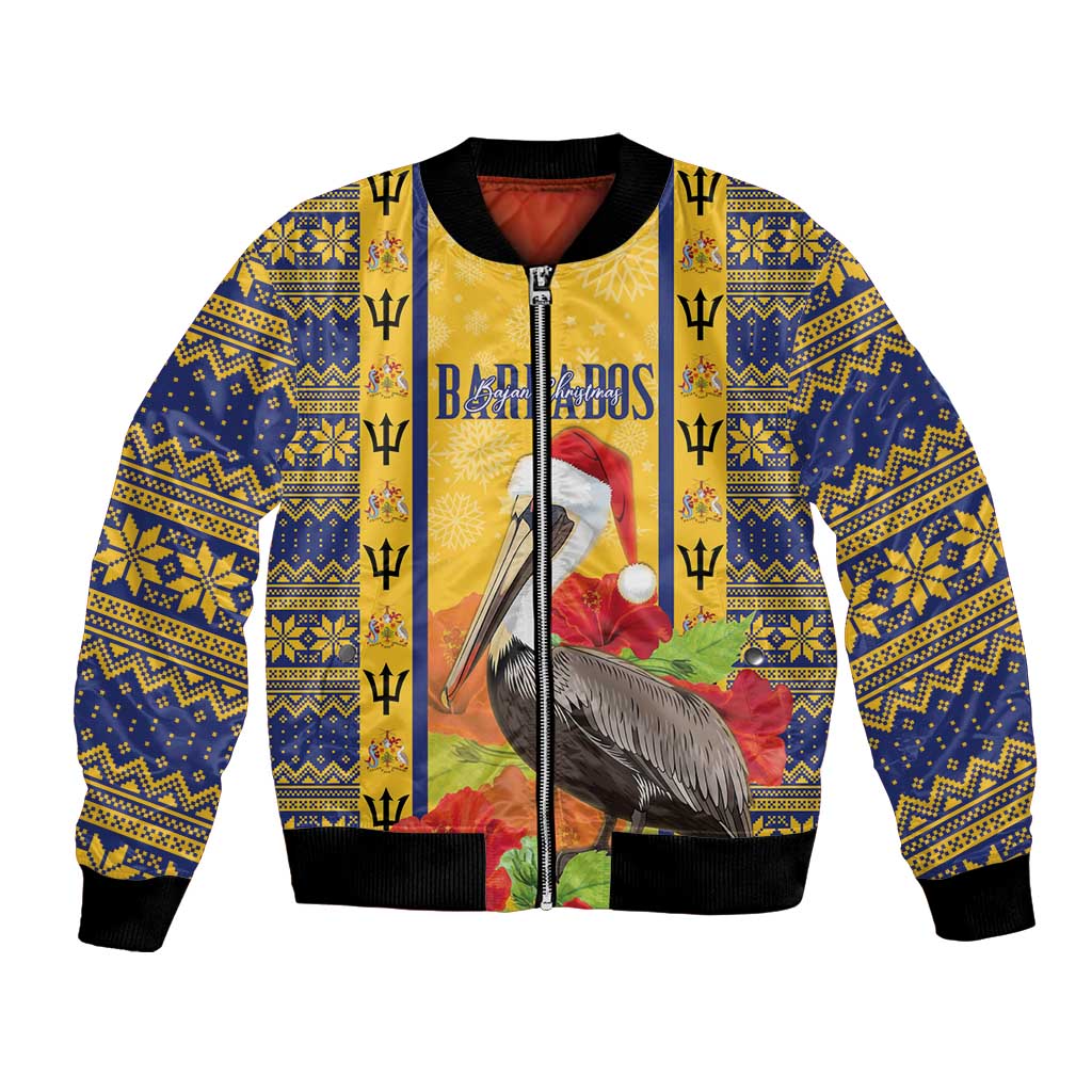 Personalized Barbados Christmas Bomber Jacket Bajan Xmas Brown Pelican Santa - Wonder Print Shop