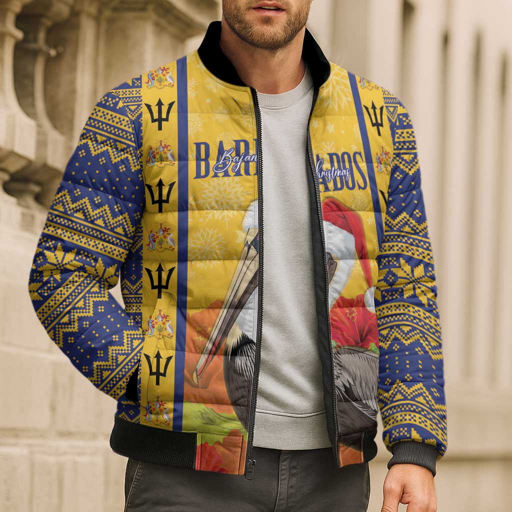 Personalized Barbados Christmas Bomber Puffer Jacket Bajan Xmas Brown Pelican Santa - Wonder Print Shop