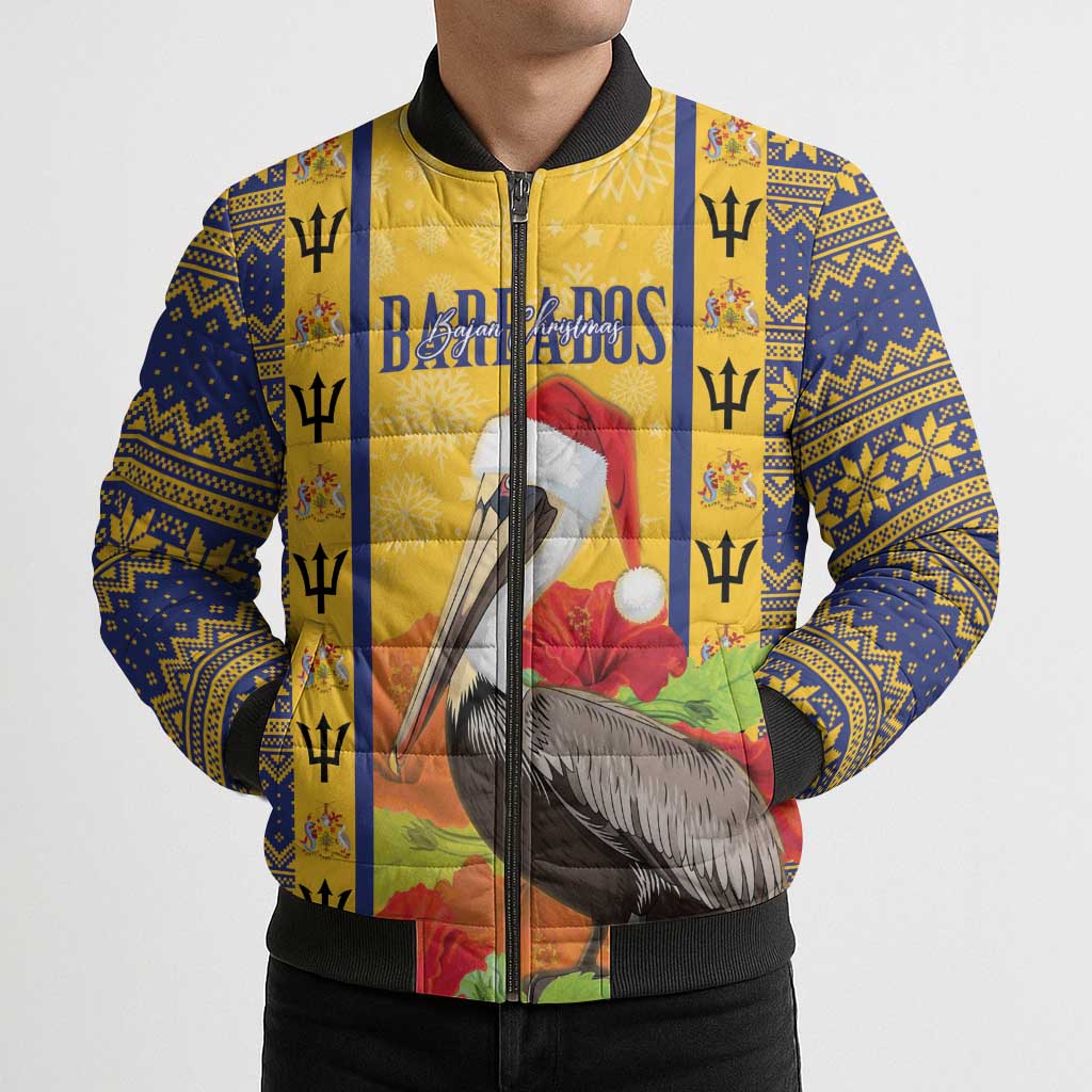 Personalized Barbados Christmas Bomber Puffer Jacket Bajan Xmas Brown Pelican Santa - Wonder Print Shop
