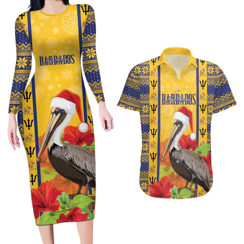 Personalized Barbados Christmas Couples Matching Long Sleeve Bodycon Dress and Hawaiian Shirt Bajan Xmas Brown Pelican Santa - Wonder Print Shop