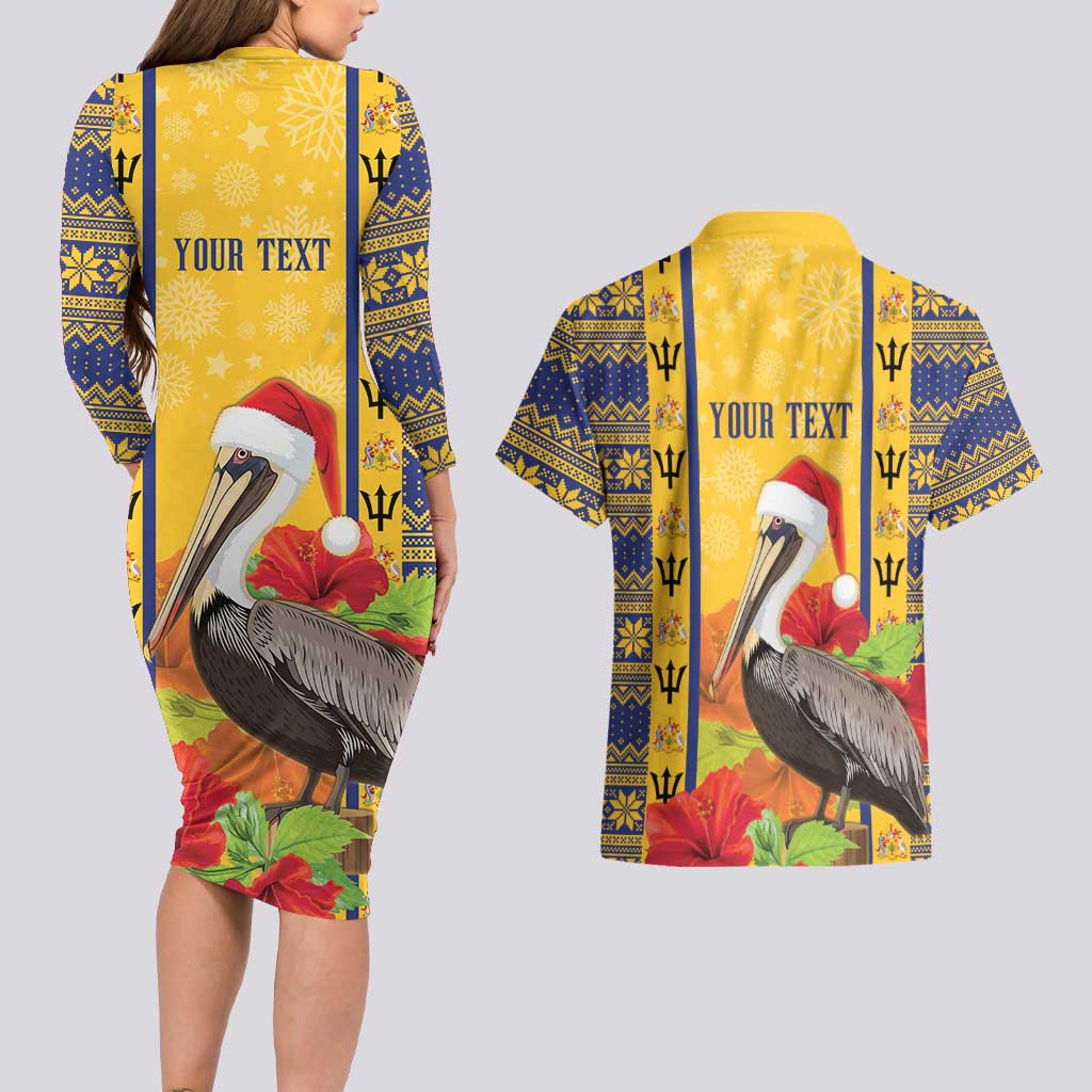 Personalized Barbados Christmas Couples Matching Long Sleeve Bodycon Dress and Hawaiian Shirt Bajan Xmas Brown Pelican Santa - Wonder Print Shop