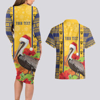 Personalized Barbados Christmas Couples Matching Long Sleeve Bodycon Dress and Hawaiian Shirt Bajan Xmas Brown Pelican Santa - Wonder Print Shop