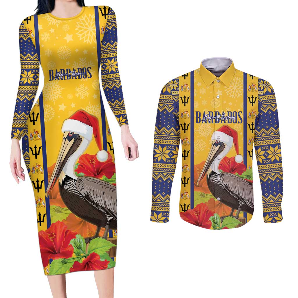 Personalized Barbados Christmas Couples Matching Long Sleeve Bodycon Dress and Long Sleeve Button Shirt Bajan Xmas Brown Pelican Santa - Wonder Print Shop