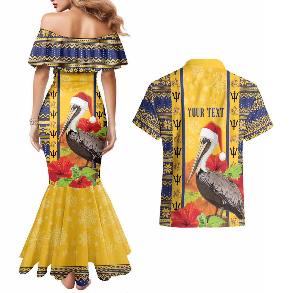 Personalized Barbados Christmas Couples Matching Mermaid Dress and Hawaiian Shirt Bajan Xmas Brown Pelican Santa - Wonder Print Shop