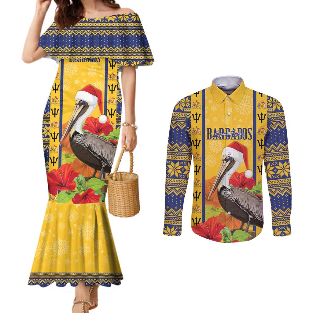 Personalized Barbados Christmas Couples Matching Mermaid Dress and Long Sleeve Button Shirt Bajan Xmas Brown Pelican Santa - Wonder Print Shop