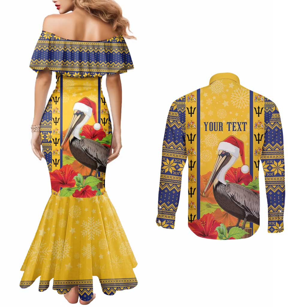 Personalized Barbados Christmas Couples Matching Mermaid Dress and Long Sleeve Button Shirt Bajan Xmas Brown Pelican Santa - Wonder Print Shop