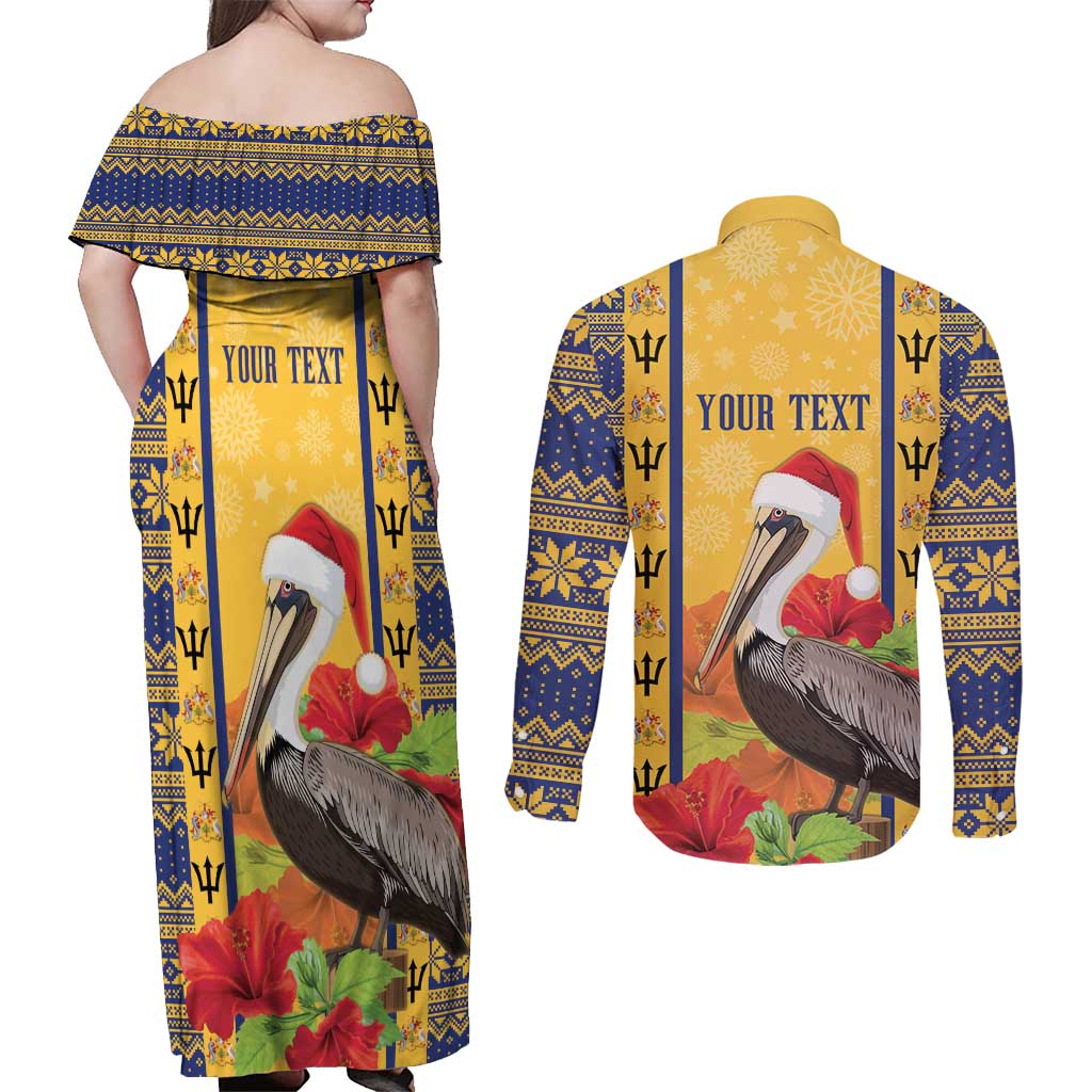 Personalized Barbados Christmas Couples Matching Off Shoulder Maxi Dress and Long Sleeve Button Shirt Bajan Xmas Brown Pelican Santa - Wonder Print Shop
