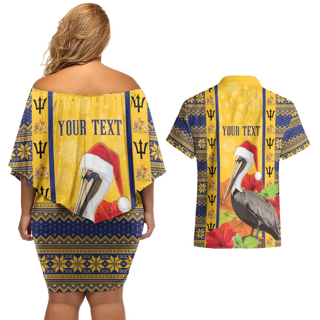 Personalized Barbados Christmas Couples Matching Off Shoulder Short Dress and Hawaiian Shirt Bajan Xmas Brown Pelican Santa - Wonder Print Shop