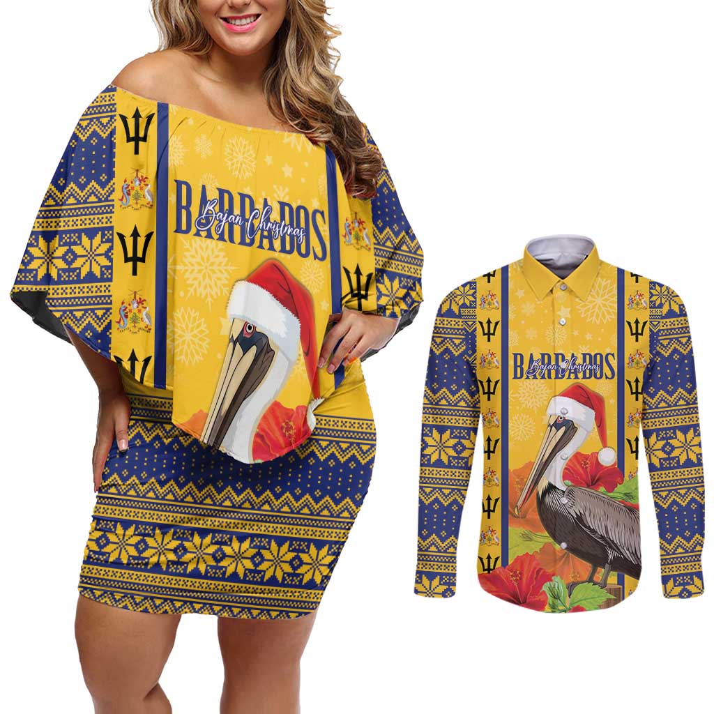 Personalized Barbados Christmas Couples Matching Off Shoulder Short Dress and Long Sleeve Button Shirt Bajan Xmas Brown Pelican Santa - Wonder Print Shop